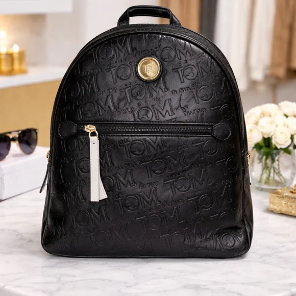 Tommy Hilfiger Black Embossed Backpack | Gold Logo | Zipper Closure | NWT Medium - Picture 1 of 7